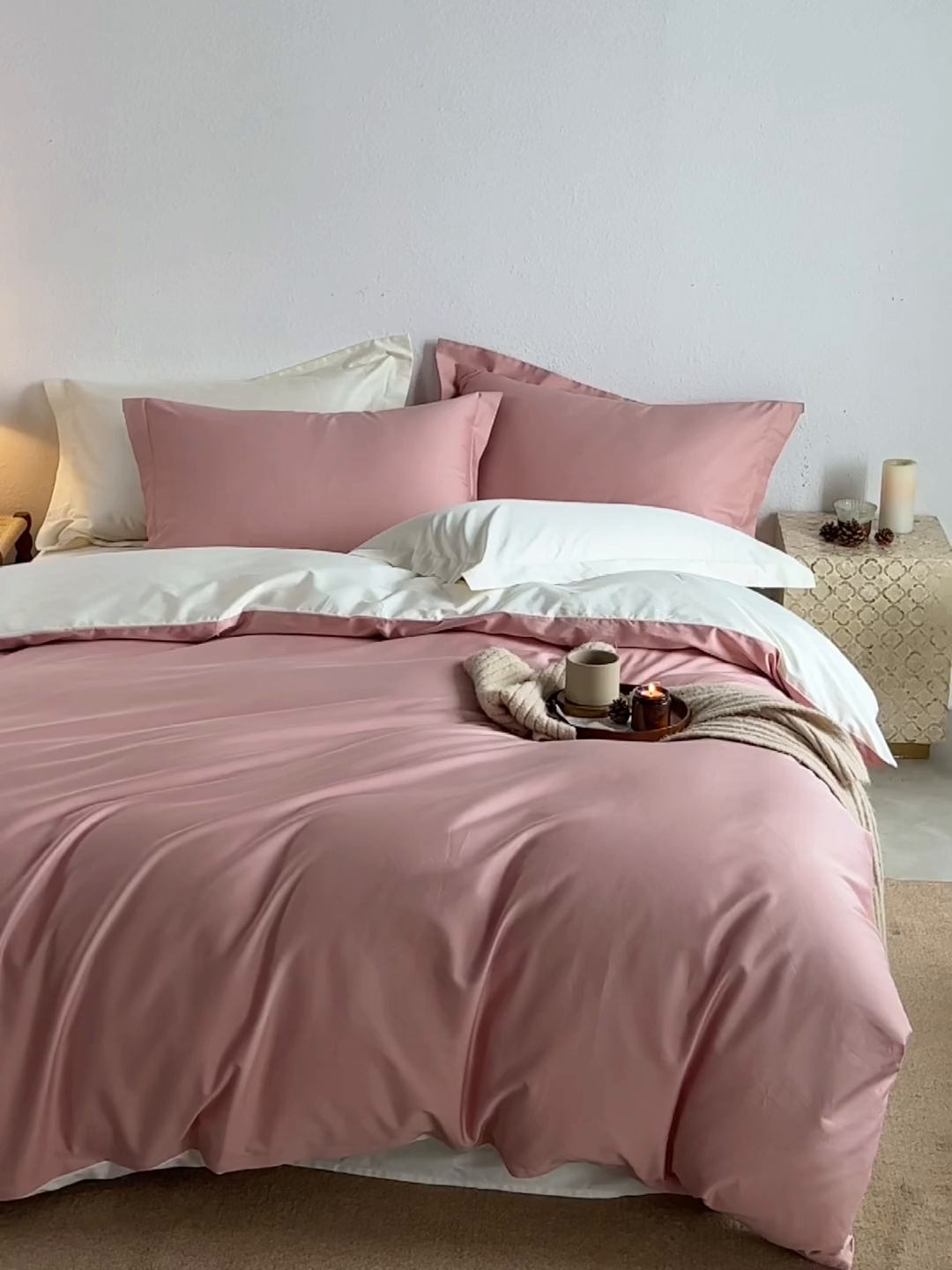 91家纺网 家纺一手货源 找家纺 轩和家居 2025新款50S贡缎长绒棉纯棉四件套 复古粉+奶芋黄