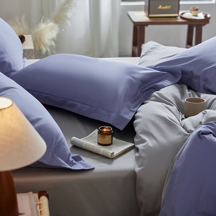 91家纺网 家纺一手货源 找家纺 轩和家居 2025新款50S贡缎长绒棉纯棉四件套 海茵蓝+雅士灰