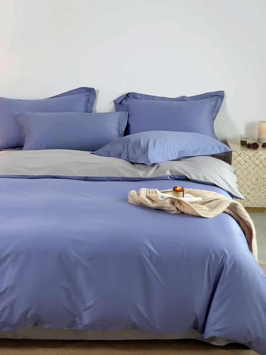 91家纺网 家纺一手货源 找家纺 轩和家居 2025新款50S贡缎长绒棉纯棉四件套 海茵蓝+雅士灰