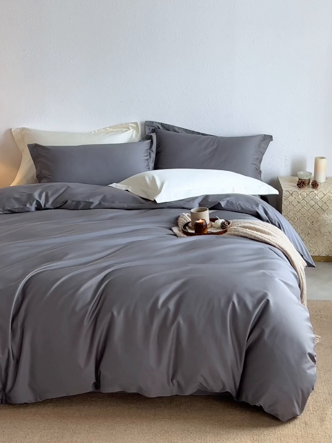91家纺网 家纺一手货源 找家纺 轩和家居 2025新款50S贡缎长绒棉纯棉四件套 梦境灰