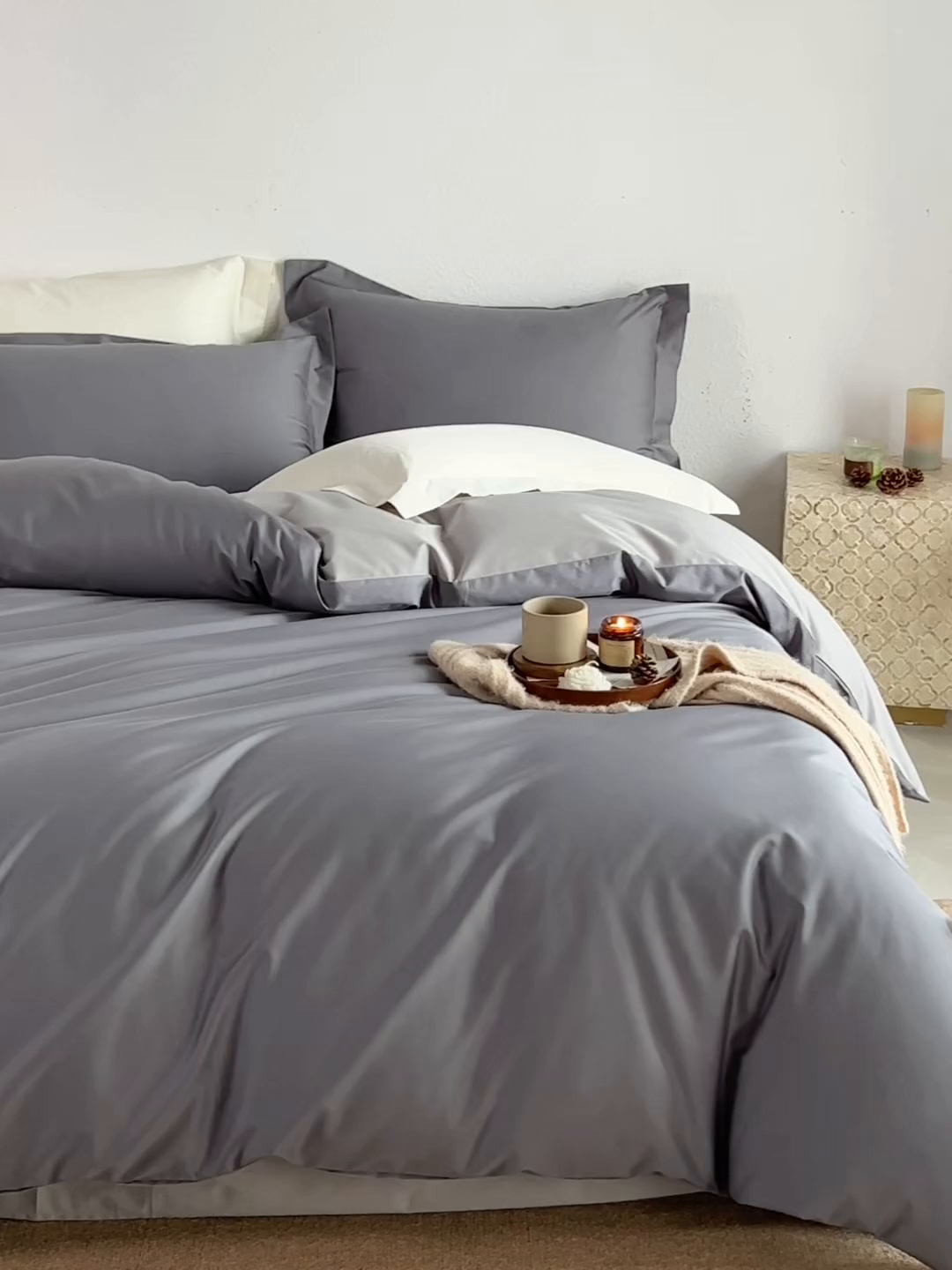 91家纺网 家纺一手货源 找家纺 轩和家居 2025新款50S贡缎长绒棉纯棉四件套 梦境灰+雅士灰