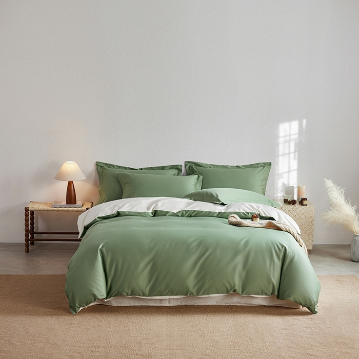 91家纺网 家纺一手货源 找家纺 轩和家居 2025新款50S贡缎长绒棉纯棉四件套 抹茶绿+奶芋黄