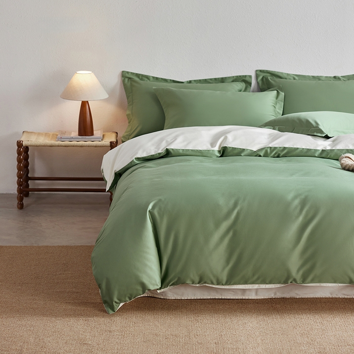 91家纺网 家纺一手货源 找家纺 轩和家居 2025新款50S贡缎长绒棉纯棉四件套 抹茶绿+奶芋黄