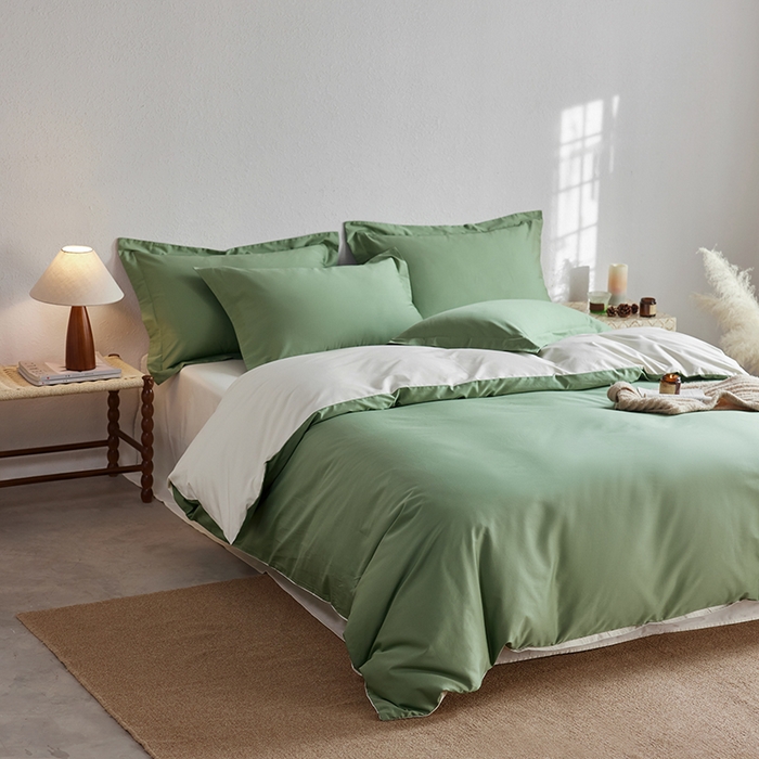 91家纺网 家纺一手货源 找家纺 轩和家居 2025新款50S贡缎长绒棉纯棉四件套 抹茶绿+奶芋黄