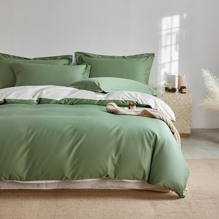 91家纺网 家纺一手货源 找家纺 轩和家居 2025新款50S贡缎长绒棉纯棉四件套 抹茶绿+奶芋黄