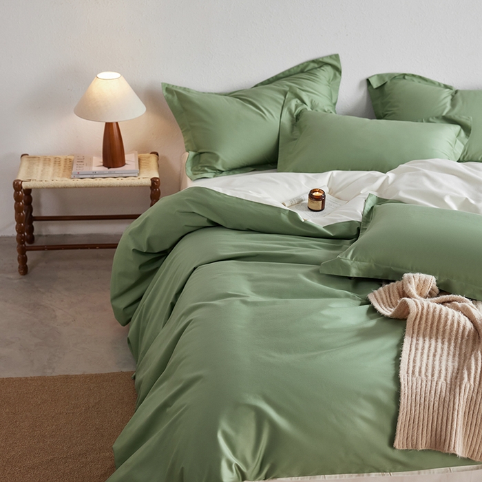 91家纺网 家纺一手货源 找家纺 轩和家居 2025新款50S贡缎长绒棉纯棉四件套 抹茶绿+奶芋黄
