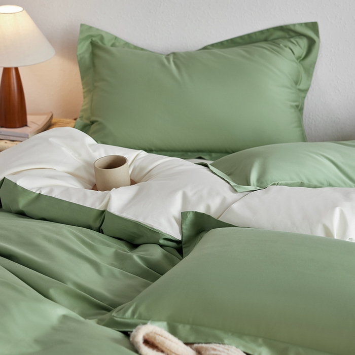 91家纺网 家纺一手货源 找家纺 轩和家居 2025新款50S贡缎长绒棉纯棉四件套 抹茶绿+奶芋黄