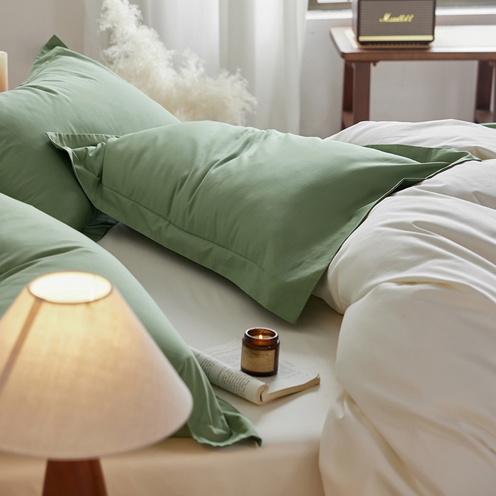 91家纺网 家纺一手货源 找家纺 轩和家居 2025新款50S贡缎长绒棉纯棉四件套 抹茶绿+奶芋黄