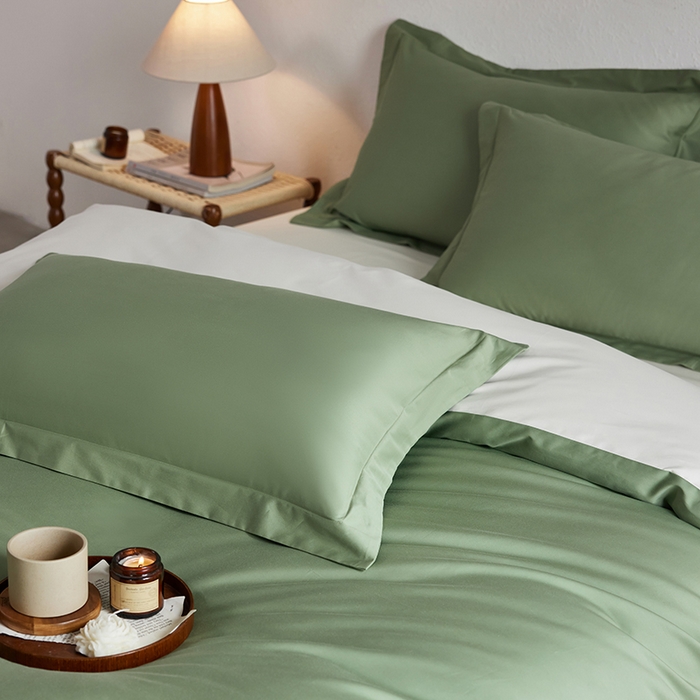 91家纺网 家纺一手货源 找家纺 轩和家居 2025新款50S贡缎长绒棉纯棉四件套 抹茶绿+奶芋黄