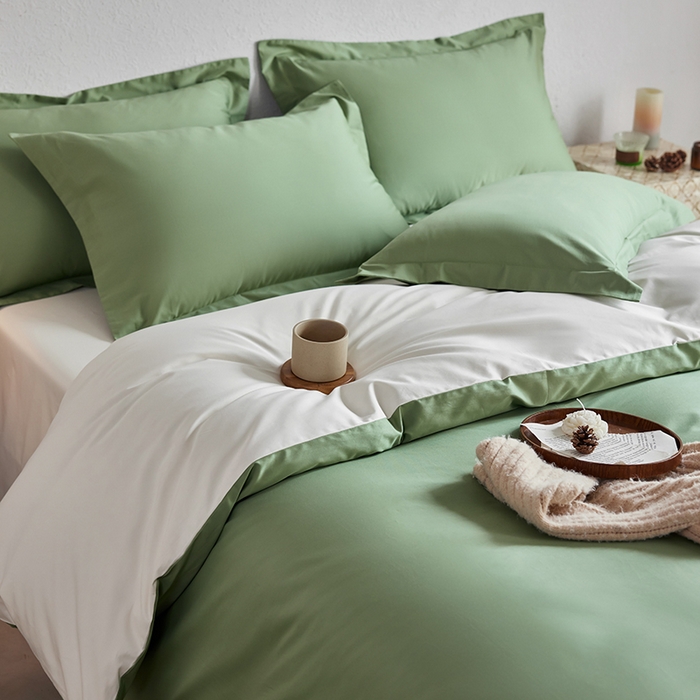91家纺网 家纺一手货源 找家纺 轩和家居 2025新款50S贡缎长绒棉纯棉四件套 抹茶绿+奶芋黄