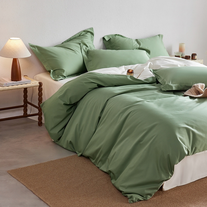 91家纺网 家纺一手货源 找家纺 轩和家居 2025新款50S贡缎长绒棉纯棉四件套 抹茶绿+奶芋黄