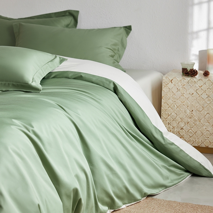 91家纺网 家纺一手货源 找家纺 轩和家居 2025新款50S贡缎长绒棉纯棉四件套 抹茶绿+奶芋黄