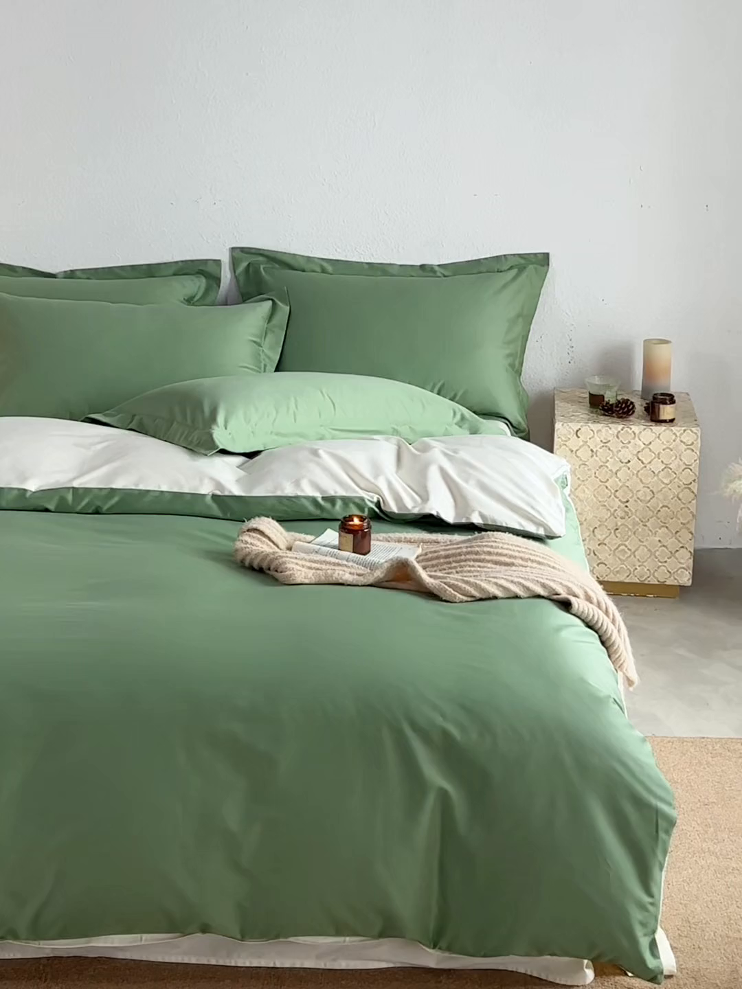 91家纺网 家纺一手货源 找家纺 轩和家居 2025新款50S贡缎长绒棉纯棉四件套 抹茶绿+奶芋黄