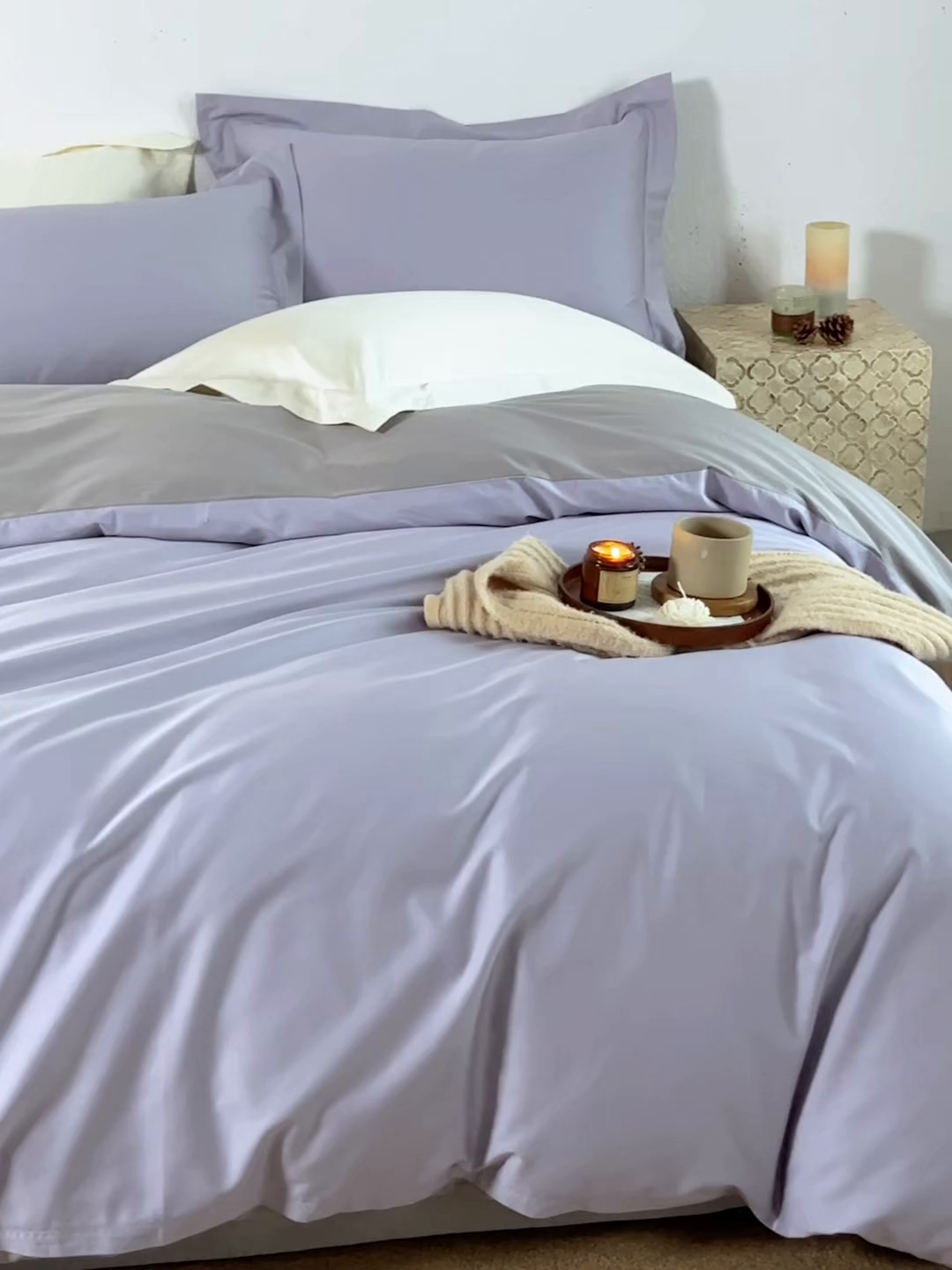 91家纺网 家纺一手货源 找家纺 轩和家居 2025新款50S贡缎长绒棉纯棉四件套 仙仙紫+雅士灰