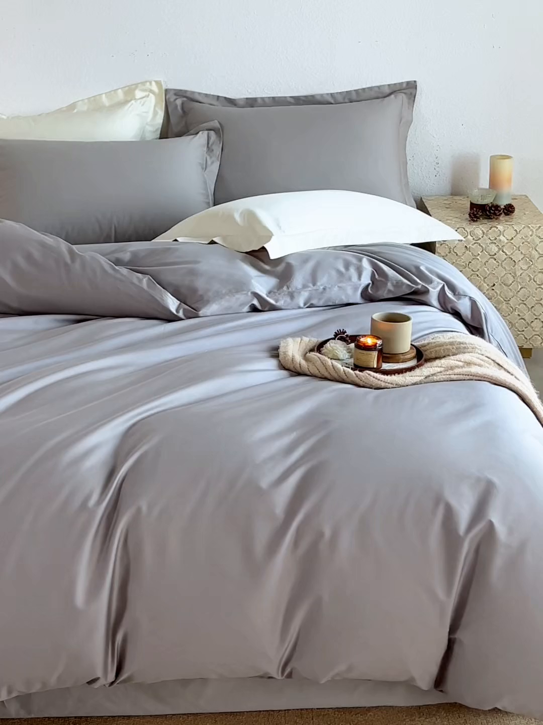 91家纺网 家纺一手货源 找家纺 轩和家居 2025新款50S贡缎长绒棉纯棉四件套 雅士灰