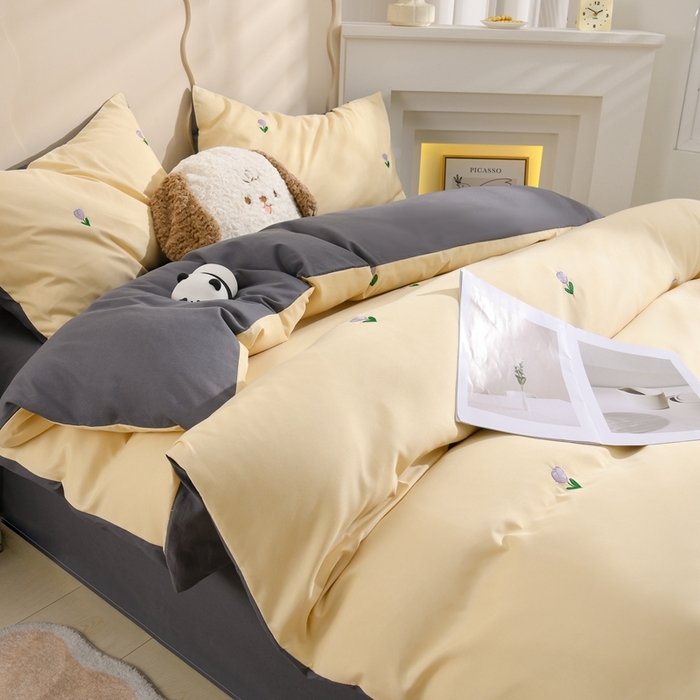 91家纺网 家纺一手货源 找家纺 推推家纺 2025新款刺绣水洗棉小清新四件套 郁金香-米驼+深灰