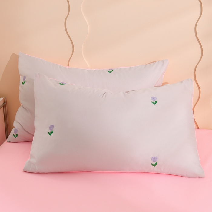 91家纺网 家纺一手货源 找家纺 推推家纺 2025新款刺绣水洗棉小清新四件套 郁金香-浅灰+浅玉