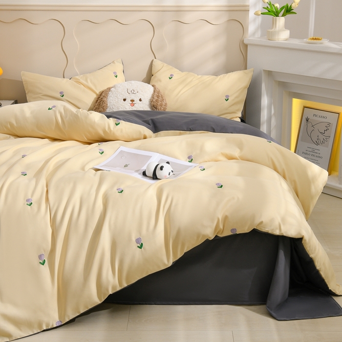 91家纺网 家纺一手货源 找家纺 推推家纺 2025新款刺绣水洗棉小清新四件套 郁金香-米驼+深灰