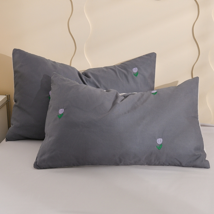 91家纺网 家纺一手货源 找家纺 推推家纺 2025新款刺绣水洗棉小清新四件套 郁金香-深灰+浅灰