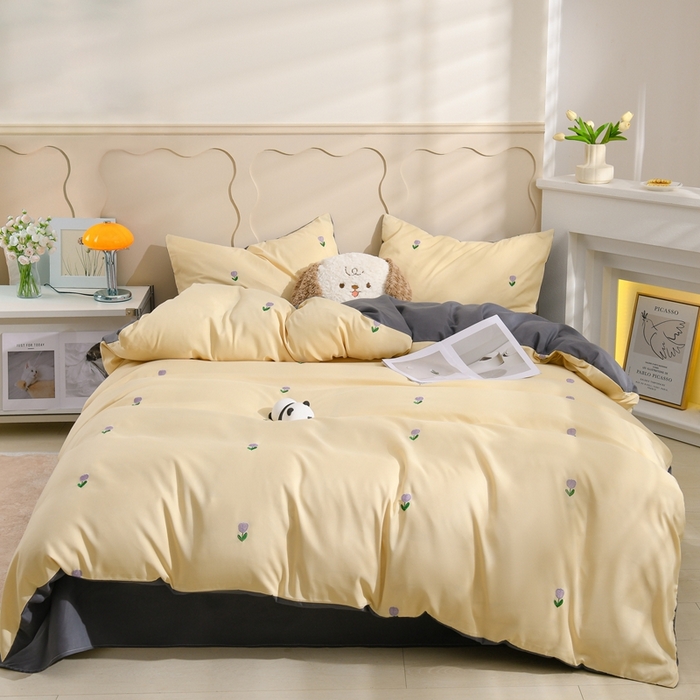 推推家纺 2025新款刺绣水洗棉小清新四件套 郁金香-米驼+深灰