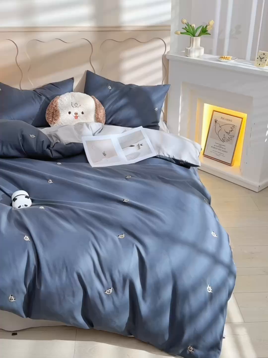 91家纺网 家纺一手货源 找家纺 推推家纺 2025新款刺绣水洗棉小清新四件套 熊头-深灰+浅灰