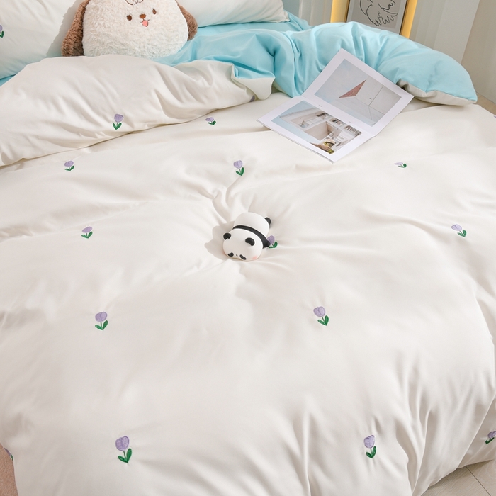 91家纺网 家纺一手货源 找家纺 推推家纺 2025新款刺绣水洗棉小清新四件套 郁金香-米白+浅蓝