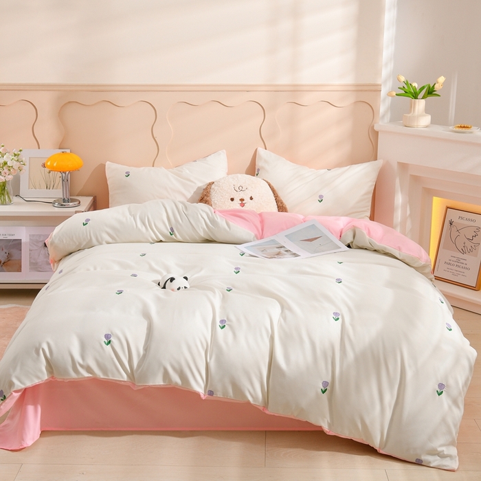 推推家纺 2025新款刺绣水洗棉小清新四件套 郁金香-米白+浅玉