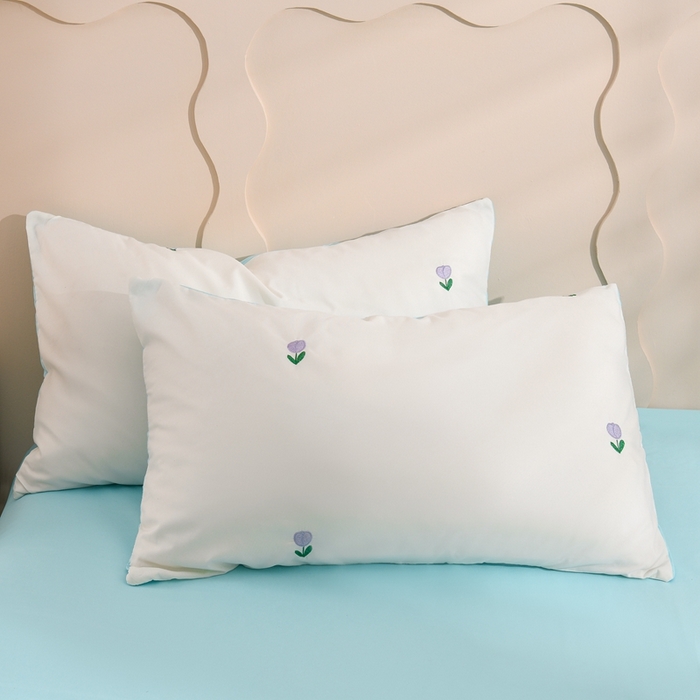 91家纺网 家纺一手货源 找家纺 推推家纺 2025新款刺绣水洗棉小清新四件套 郁金香-米白+浅蓝