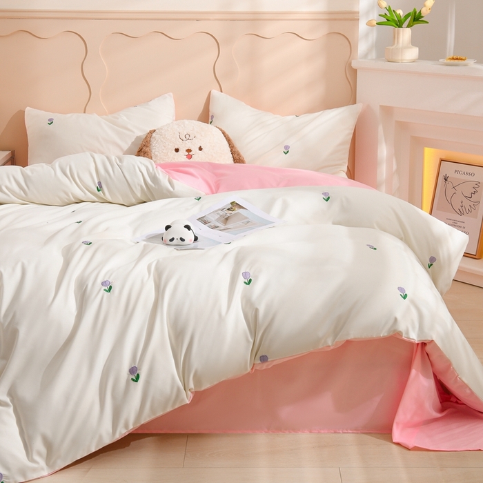 91家纺网 家纺一手货源 找家纺 推推家纺 2025新款刺绣水洗棉小清新四件套 郁金香-米白+浅玉