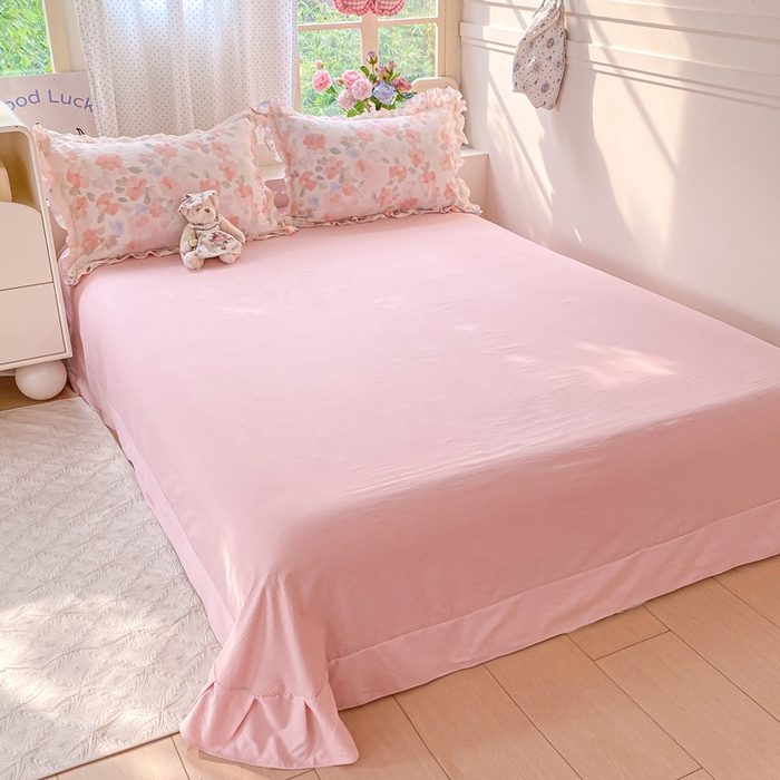 91家纺网 家纺一手货源 找家纺 大麦家纺 2025新款云感双层纱花边夏被四件套 微醺甜梦