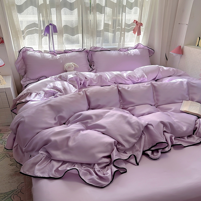 91家纺网 家纺一手货源 找家纺 爱彼家纺 2025春夏新款夏季凉感冰丝花边四件套 冰丝花边款-梦幻紫