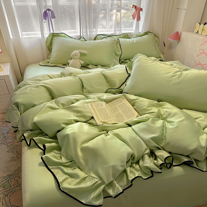 91家纺网 家纺一手货源 找家纺 爱彼家纺 2025春夏新款夏季凉感冰丝花边四件套 冰丝花边款-清新绿