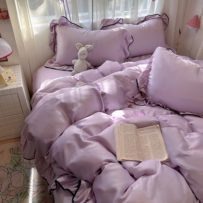 91家纺网 家纺一手货源 找家纺 爱彼家纺 2025春夏新款夏季凉感冰丝花边四件套 冰丝花边款-梦幻紫