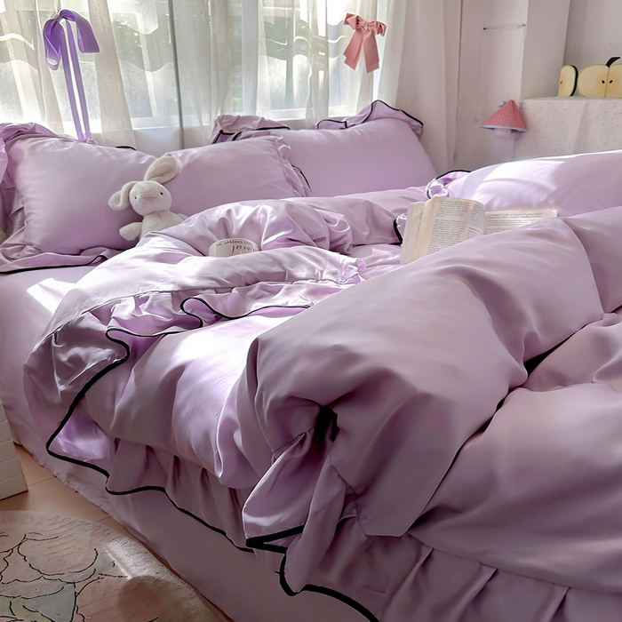 91家纺网 家纺一手货源 找家纺 爱彼家纺 2025春夏新款夏季凉感冰丝花边四件套 冰丝花边款-梦幻紫