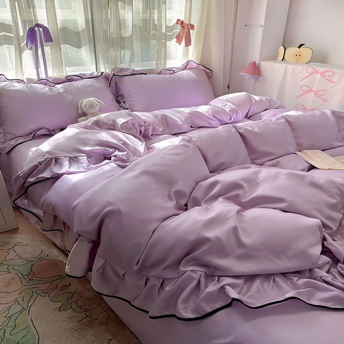 91家纺网 家纺一手货源 找家纺 爱彼家纺 2025春夏新款夏季凉感冰丝花边四件套 冰丝花边款-梦幻紫