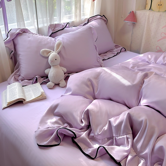 91家纺网 家纺一手货源 找家纺 爱彼家纺 2025春夏新款夏季凉感冰丝花边四件套 冰丝花边款-梦幻紫