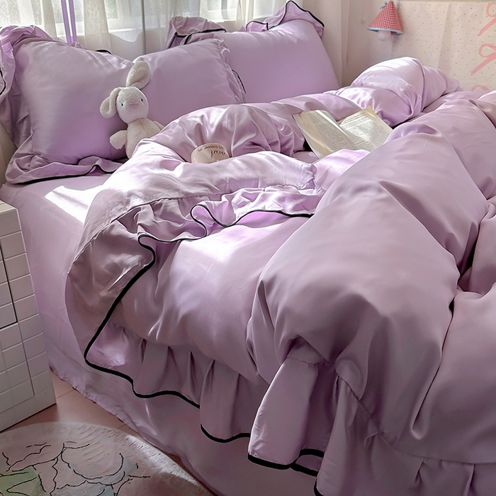 91家纺网 家纺一手货源 找家纺 爱彼家纺 2025春夏新款夏季凉感冰丝花边四件套 冰丝花边款-梦幻紫