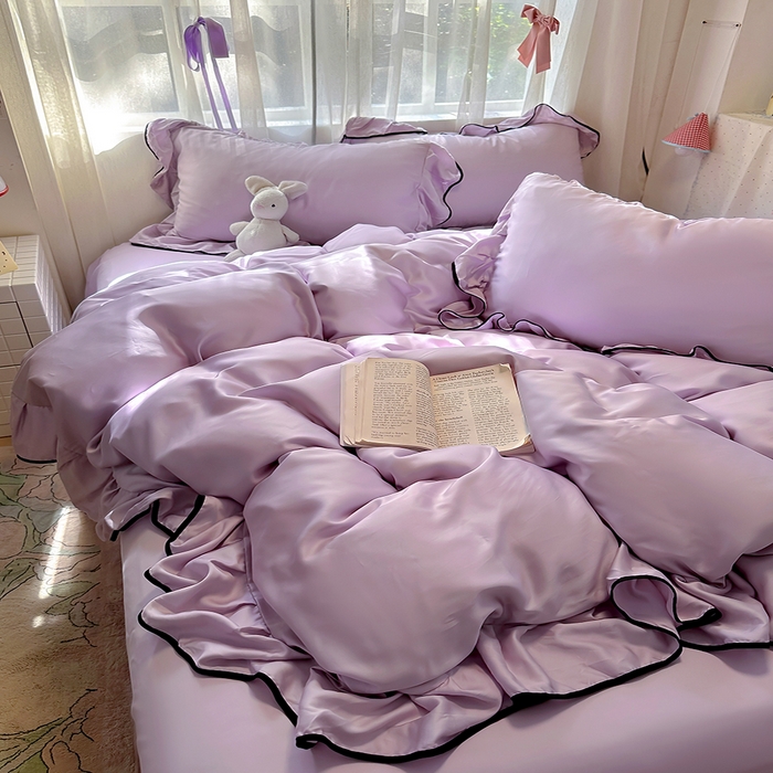 91家纺网 家纺一手货源 找家纺 爱彼家纺 2025春夏新款夏季凉感冰丝花边四件套 冰丝花边款-梦幻紫