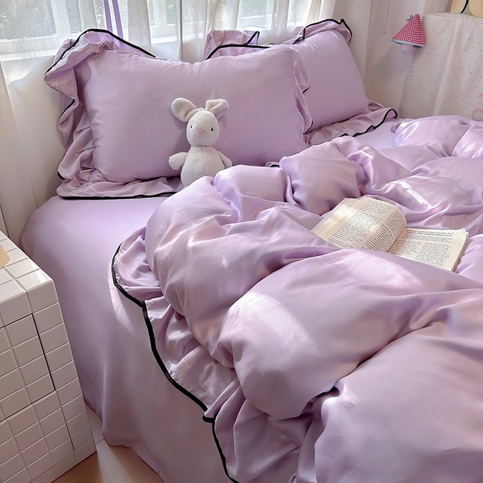 91家纺网 家纺一手货源 找家纺 爱彼家纺 2025春夏新款夏季凉感冰丝花边四件套 冰丝花边款-梦幻紫