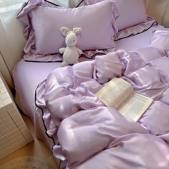 91家纺网 家纺一手货源 找家纺 爱彼家纺 2025春夏新款夏季凉感冰丝花边四件套 冰丝花边款-梦幻紫