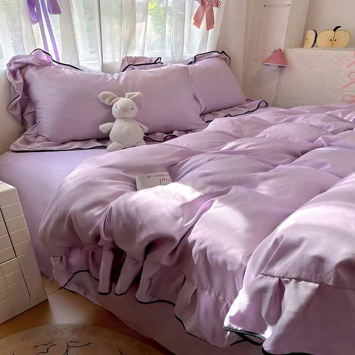 91家纺网 家纺一手货源 找家纺 爱彼家纺 2025春夏新款夏季凉感冰丝花边四件套 冰丝花边款-梦幻紫