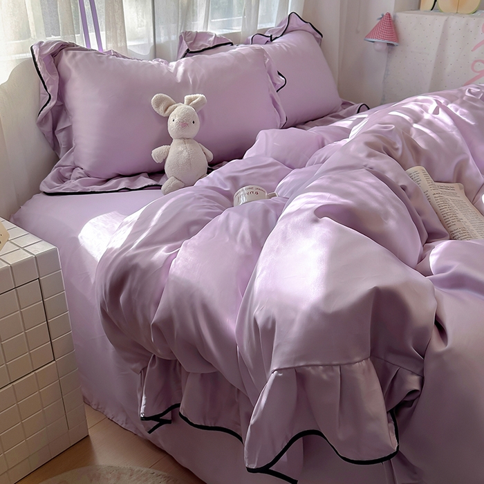 91家纺网 家纺一手货源 找家纺 爱彼家纺 2025春夏新款夏季凉感冰丝花边四件套 冰丝花边款-梦幻紫