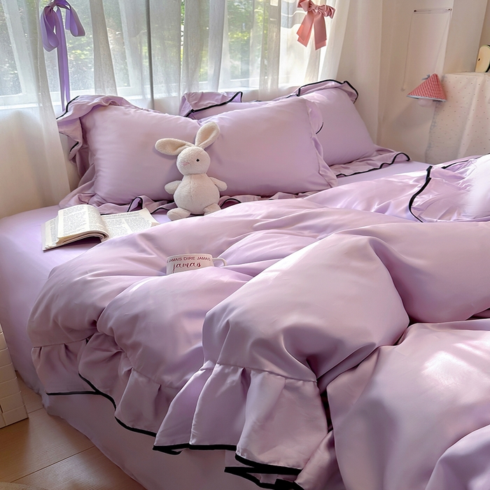 91家纺网 家纺一手货源 找家纺 爱彼家纺 2025春夏新款夏季凉感冰丝花边四件套 冰丝花边款-梦幻紫