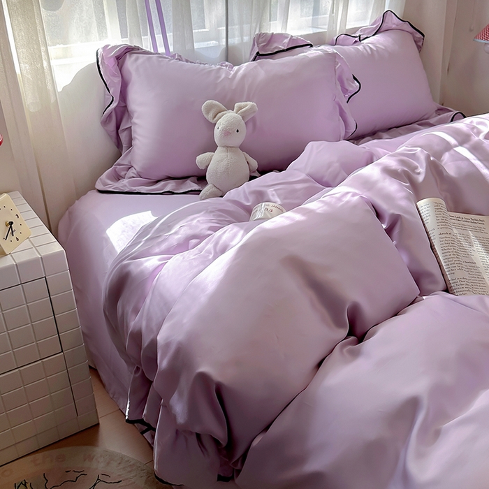 91家纺网 家纺一手货源 找家纺 爱彼家纺 2025春夏新款夏季凉感冰丝花边四件套 冰丝花边款-梦幻紫