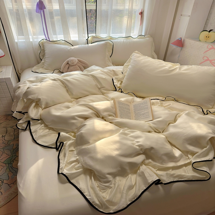 91家纺网 家纺一手货源 找家纺 爱彼家纺 2025春夏新款夏季凉感冰丝花边四件套 冰丝花边款-奶白