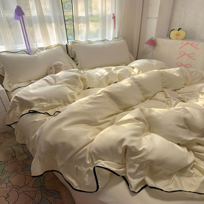 91家纺网 家纺一手货源 找家纺 爱彼家纺 2025春夏新款夏季凉感冰丝花边四件套 冰丝花边款-奶白