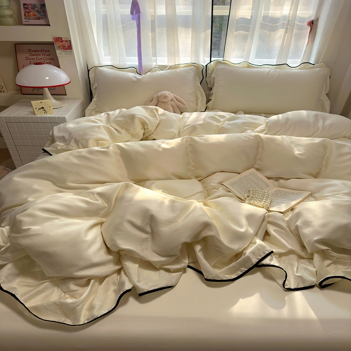 91家纺网 家纺一手货源 找家纺 爱彼家纺 2025春夏新款夏季凉感冰丝花边四件套 冰丝花边款-奶白