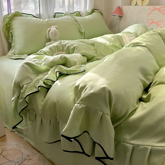 91家纺网 家纺一手货源 找家纺 爱彼家纺 2025春夏新款夏季凉感冰丝花边四件套 冰丝花边款-清新绿