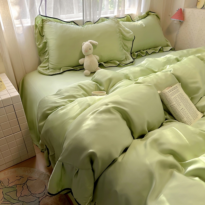 91家纺网 家纺一手货源 找家纺 爱彼家纺 2025春夏新款夏季凉感冰丝花边四件套 冰丝花边款-清新绿