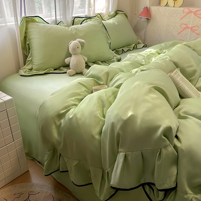 91家纺网 家纺一手货源 找家纺 爱彼家纺 2025春夏新款夏季凉感冰丝花边四件套 冰丝花边款-清新绿